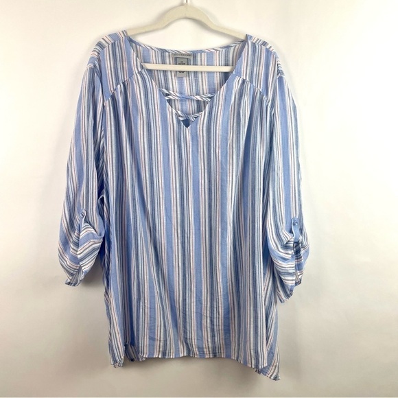 Catherines Boxy Tunic Top Blue Striped V-Neck Roll Tab Sleeves Flowy & Beachy 4X - Picture 1 of 13